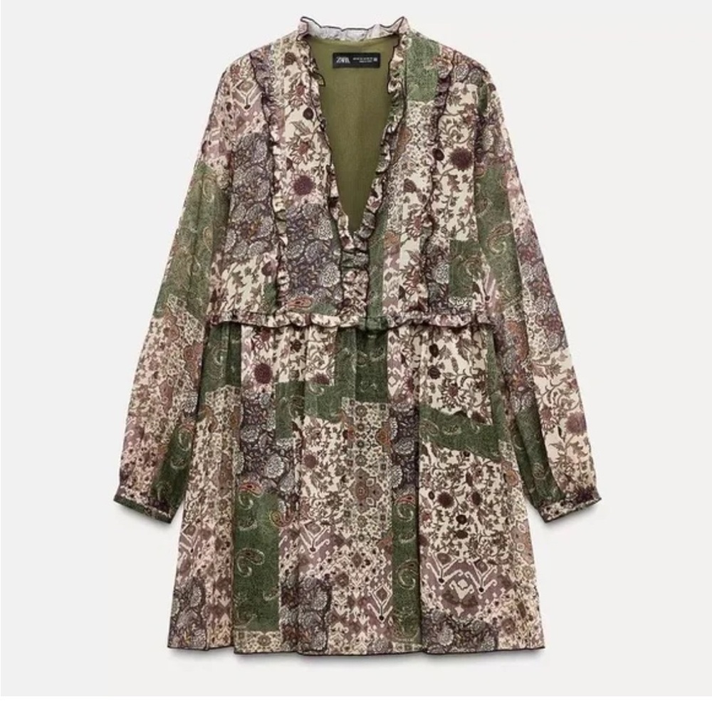 ZARA Boho Granola Multicolor Floral Patchwork L. SLV Ruffle V-Neck Olive Mini XL